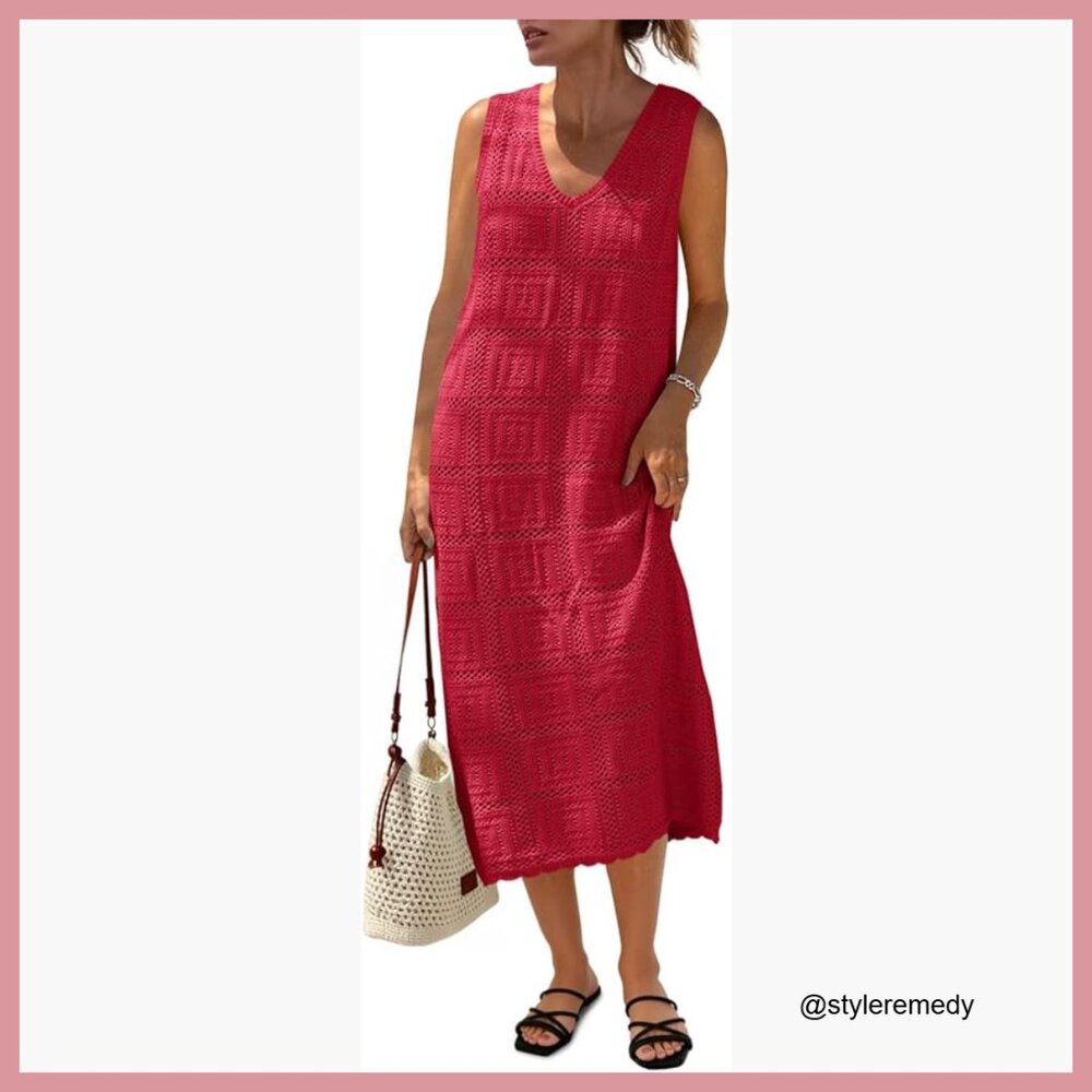 Crochet Sleeveless V-Neck Midi Dress Loose Fit Cover Up Beach